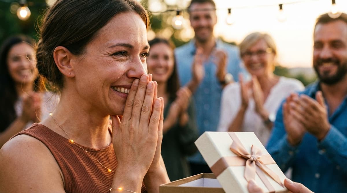 Freunde feiern gemeinsam ein Geschenk - die Freude des gemeinsamen Schenkens